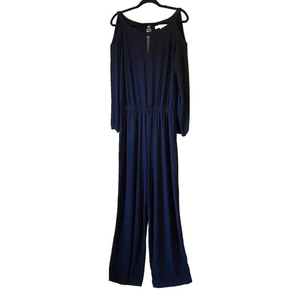 Emma & Michele XL Liquid Knit Navy Blue Wide Leg JumpSuit Cold Shoulder Stretchy - Picture 1 of 12